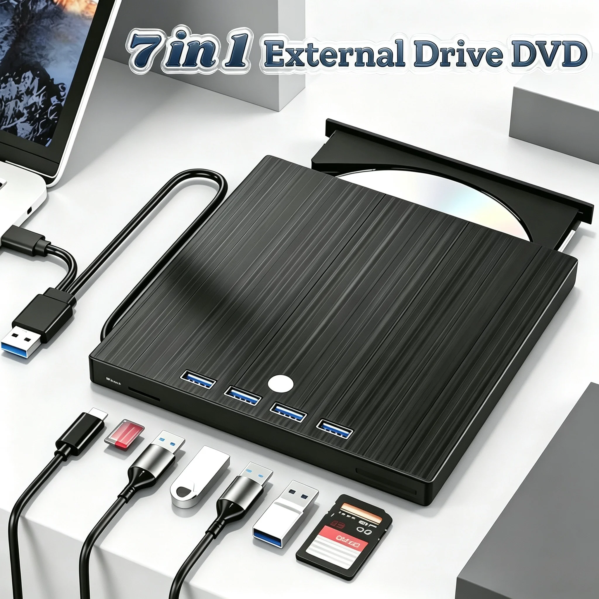 7 In 1 USB3.0&Type C CD DVD Recorder Player Writer External DVD Burner Optical Drive Portable DVD/CD Reader For Laptop Desktop