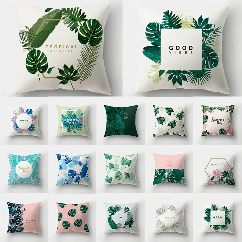 Fresh Summer Leaves Pillowcase for Waist Throw Home Decoration Green Letter Square Cushion Cover Tropical Plant Sofa Pillowslip