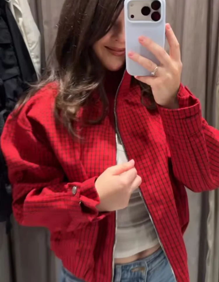 2026 Fall Collection, Red and Black Plaid Short Women's Jacket, Stand-Up Collar with Full Zip Closure, Long Sleeves with Snap Bu