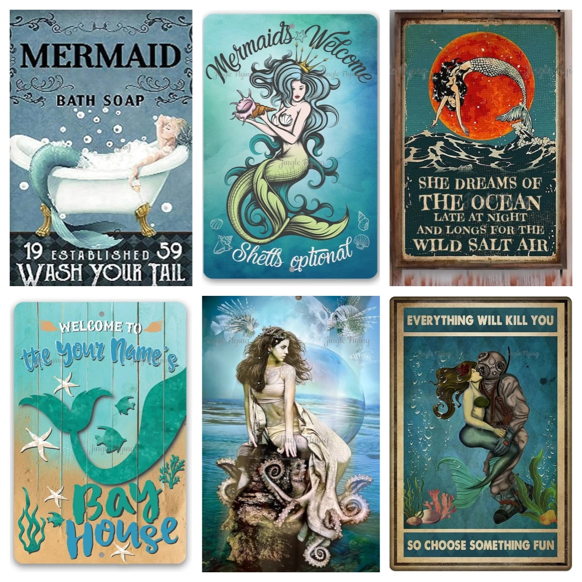 Metal Sign Mermaid Poster Wash Your Tail Mermaid Decor Nursery Wall Art Cute Logo Coffee Shop Kitchen Toilet Beach House