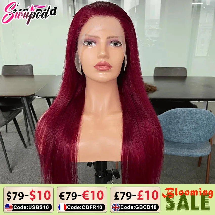 Swupod ความหนาแน่น 200 13x4 HD โปร่งใสลูกไม้ด้านหน้าวิกผมสําหรับผู้หญิงสีดําตรง Remy Human Hair Wigs 99J Burgundy สี Glueless