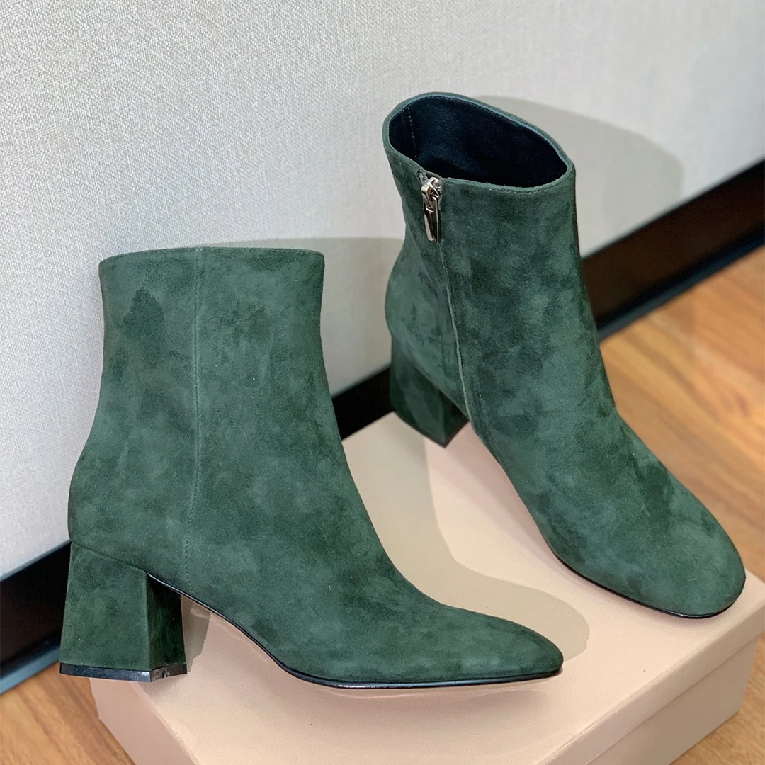 Donna-in Women Suede Leather Ankle Boots Elegant Green Boots Side Zipper Square Block Heel Round Toe Short Boots Large Size 42