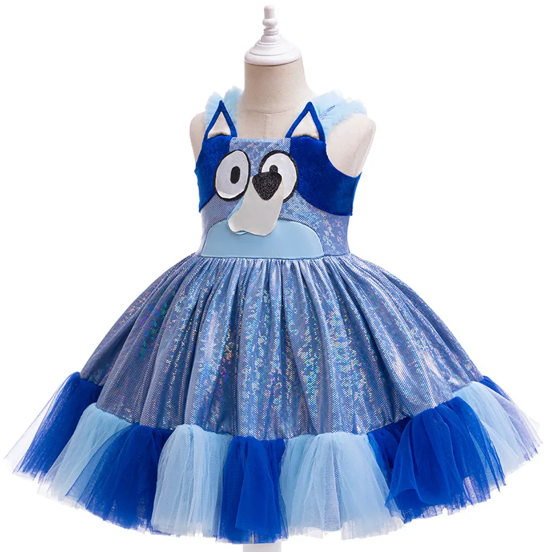 Nuovo Anime Bluey Carino Abbigliamento per bambini Abito a blocchi di colore Prestazioni per bambini Abito a sbuffo Ragazza Abito squisito Regalo di compleanno