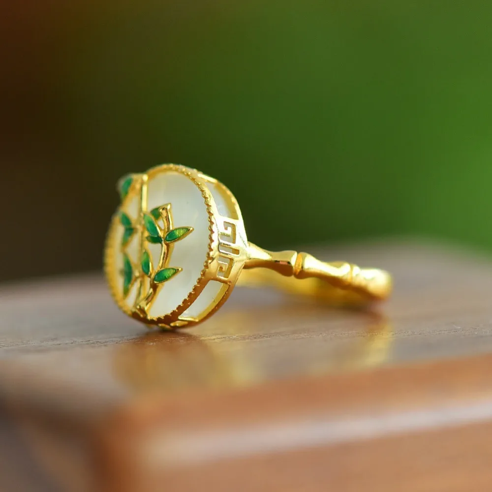 

Новое кольцо GL в китайском стиле «Древний Ветер» из серебра 925 пробы с инкрустацией императорским клуазоне в виде бамбукового листа, открытое, женское, и кольцо с нефритом Хэтянь