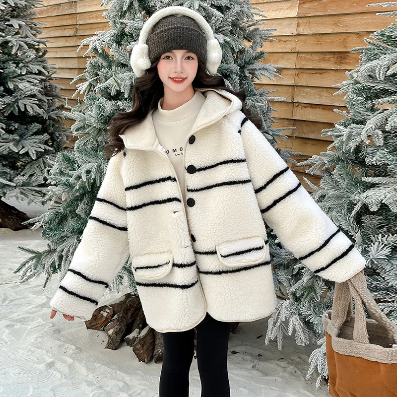 2025 Winter Children's Striped Fur Integrated Coat Autumn Girls' Warm Imitation Fur Cotton Coat Long Sleeve Woolen Sweater