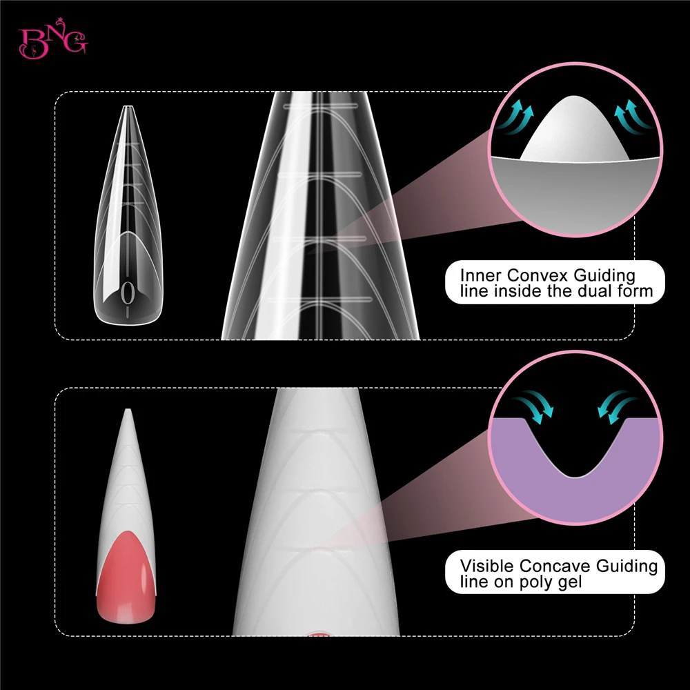 BNG French Nail Dual Forms Acrylic Poly Nail Gel UV Quick Building Moulds 15 Sizes Reusable Nail Molds for French Manicure