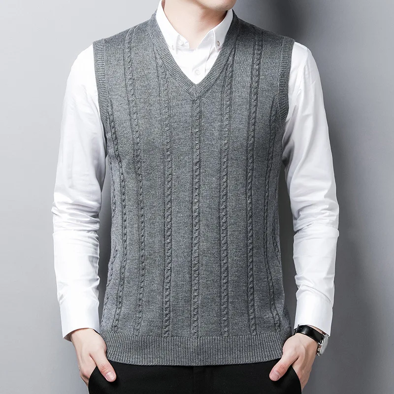 2024 Autumn Winter New Men's Knitted Vest Fashion Solid Color Jacquard Middle-aged Men's Warm Sleeveless Hair Vest