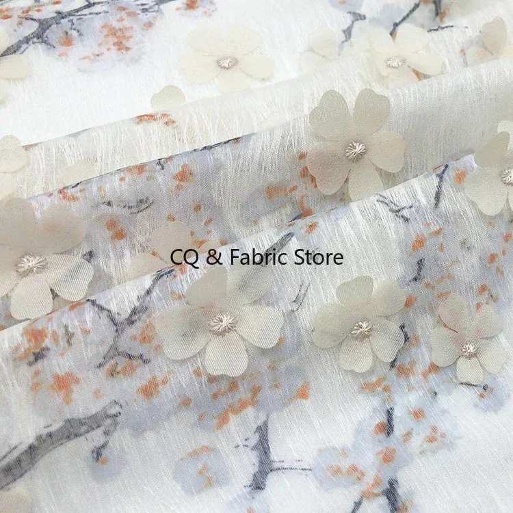 1Yard Plum blossom 3D flower chiffon embroidery fabric ,diy skirt dress clothes material,patchwork cloth