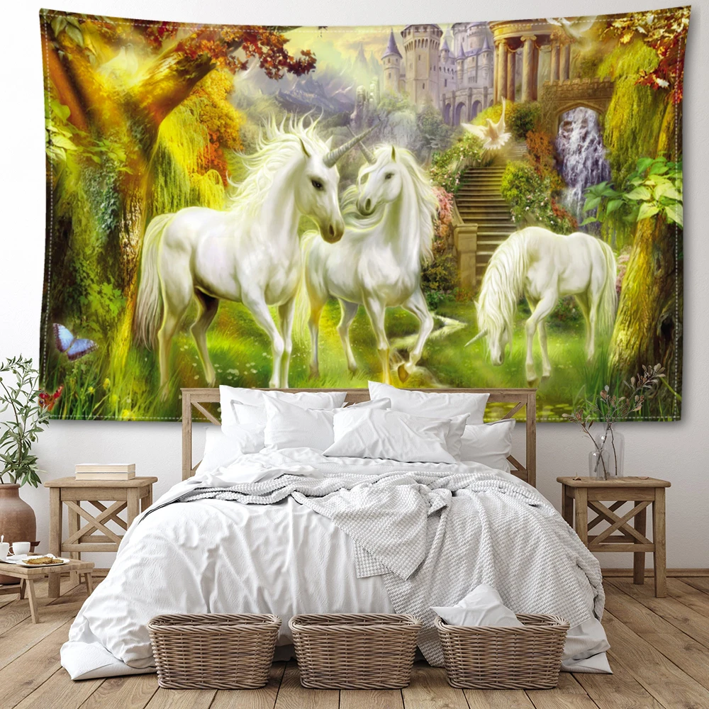 Unicorn printed tapestry in the forest, dreamy and cute style room, living room wall hanging art wall decoration
