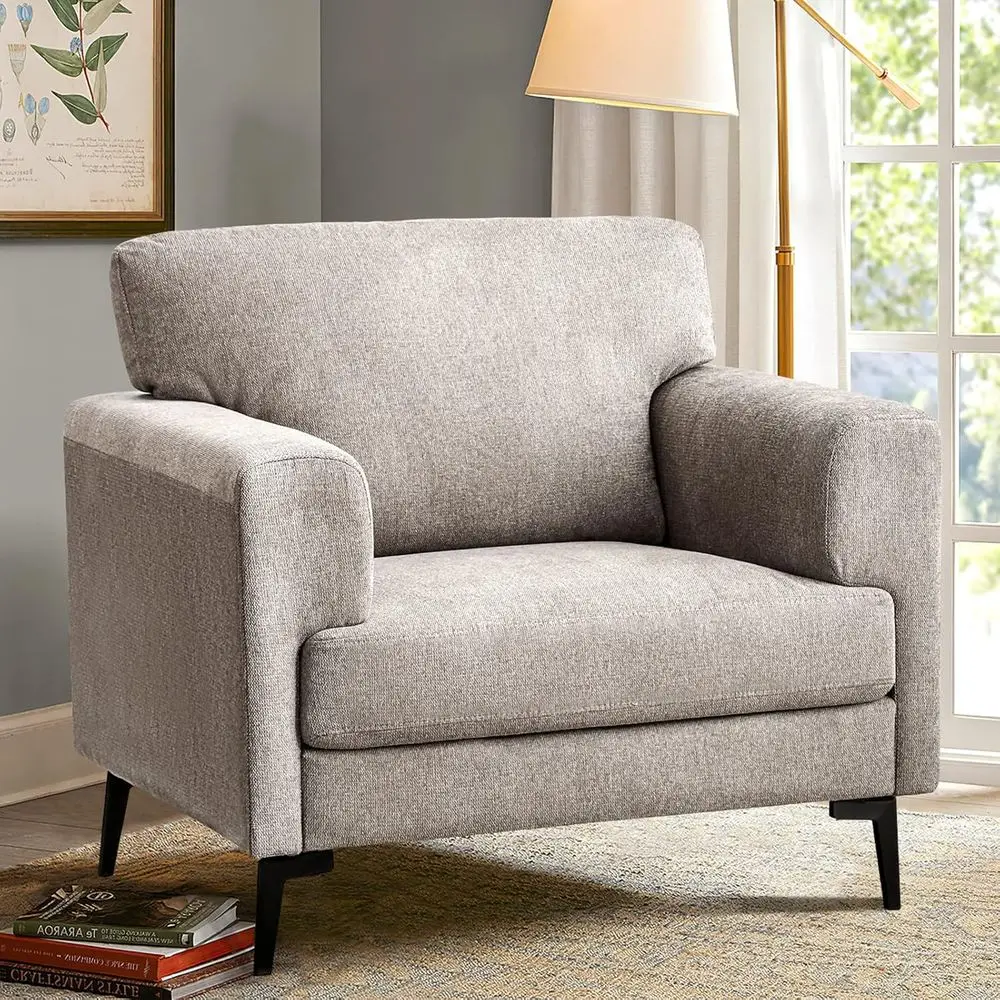 

Oversized Linen Fabric Century Style Upholstered Armchair for Reading, Sofa or Bedroom, Light Brown