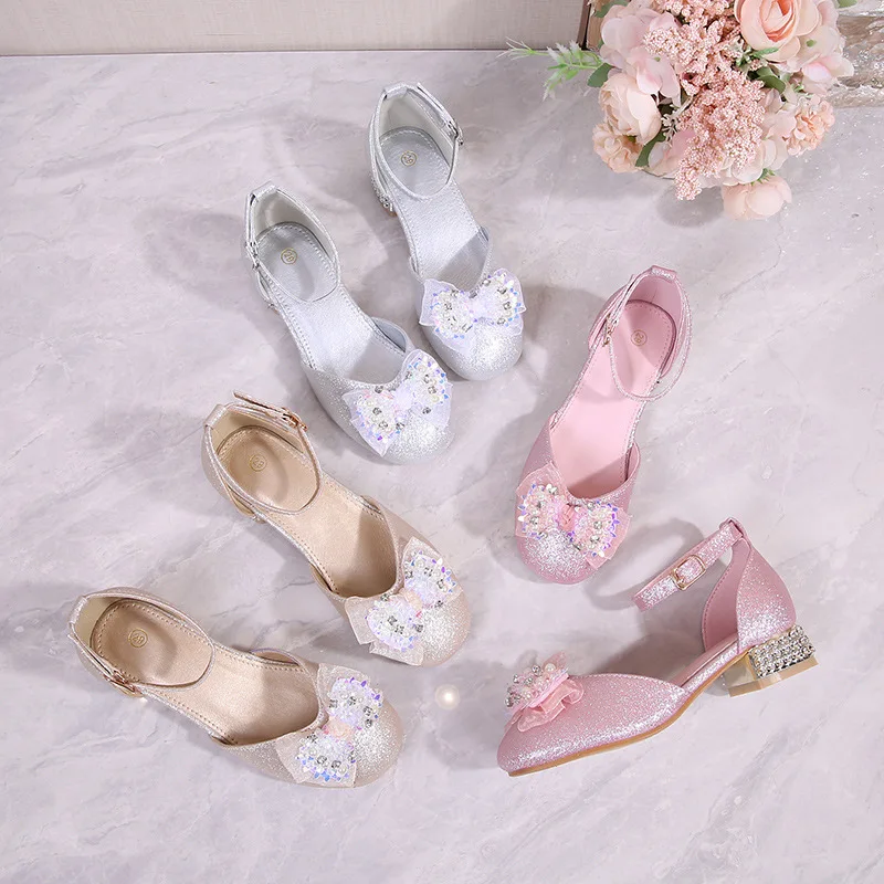 2025 Summer Kids Princess Sandals Children's Casual Shoes Fashion Rhinoceros Sequin Bow Open Toe Girls Dance Party High Heels