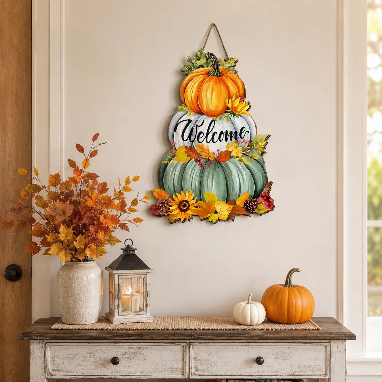 Autumn Harvest Wooden Hanging Wall Sign, Pumpkin & Maple Leaf Wreath Plaque, Welcome Front Door Home Decor