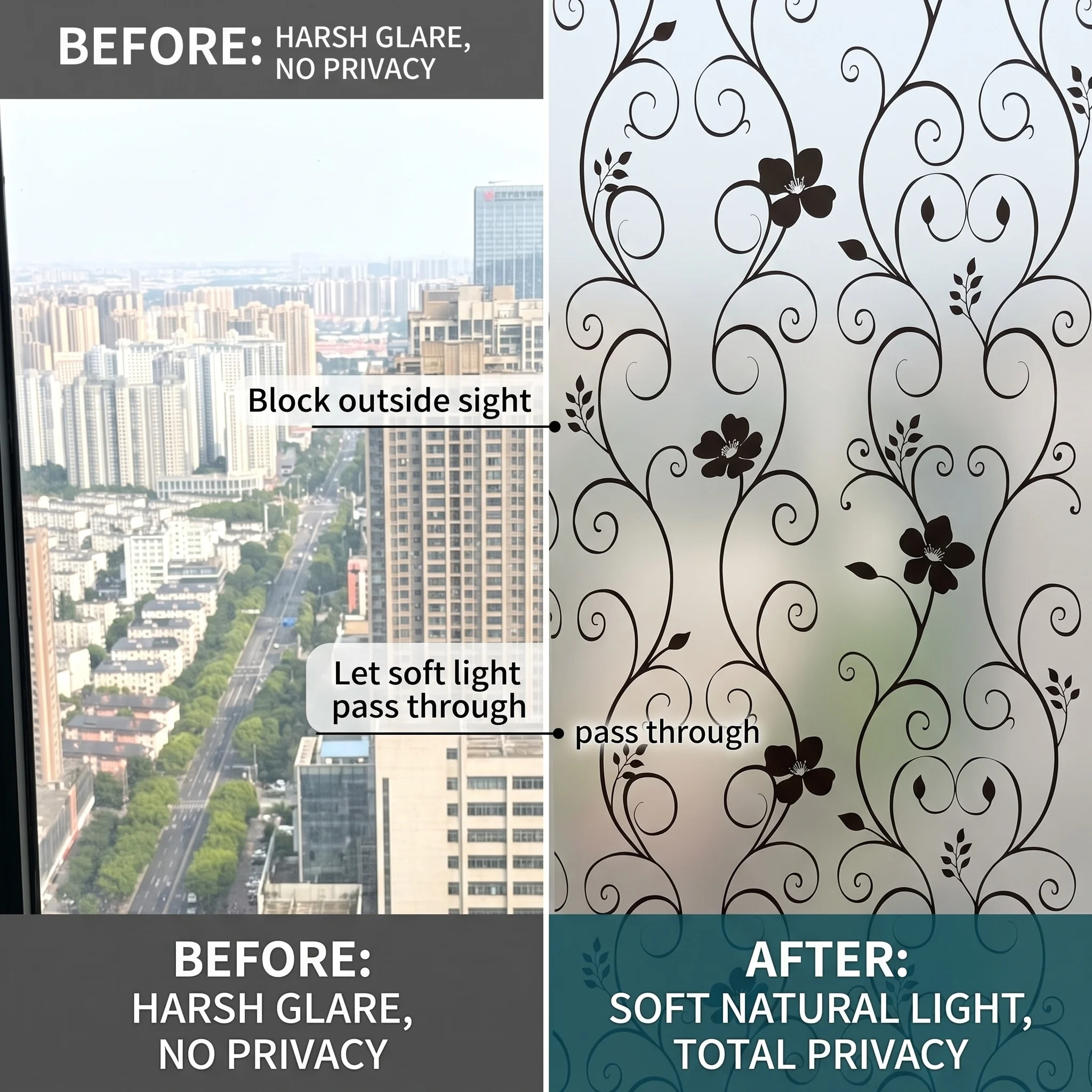 Frosted Vine Flower Self-Adhesive Window Film Decorative Privacy Glass Covering for Home Decor