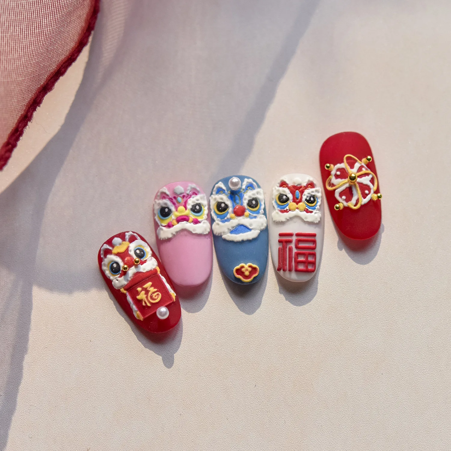 1Pcs Chinese New Year 2025 Nail Stickers 5D Reliefs Cute Good Luck Lion Head Self Adhesive Nail Art Stickers DIY Decoras Decals