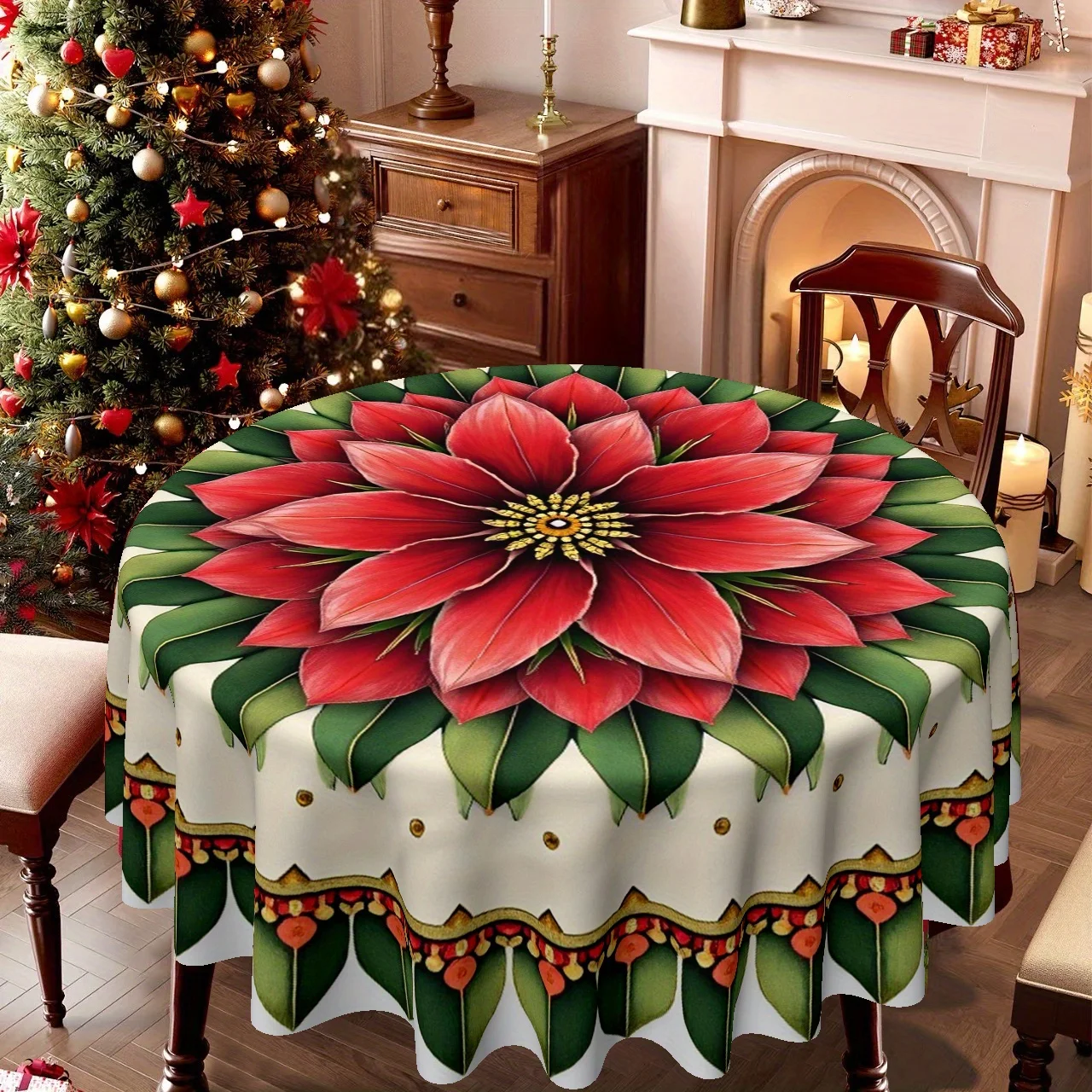 1 tablecloth, Christmas theme, poinsettia pattern round tablecloth, suitable for home kitchens and dining rooms