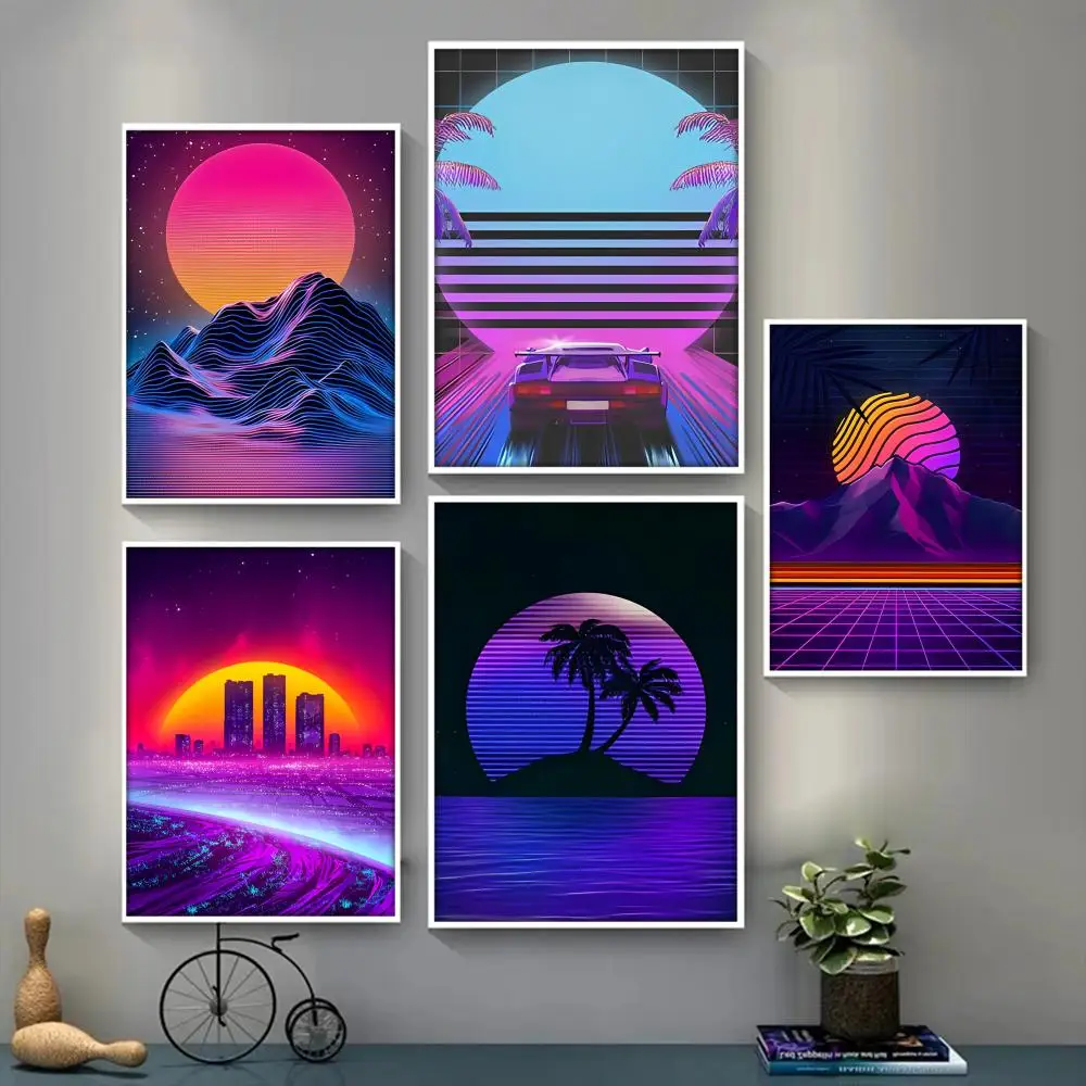 Neon Retrowave Synthwave Whitepaper Poster Fancy Wall Sticker for Living Room Bar Decoration Decor Art Wall Stickers