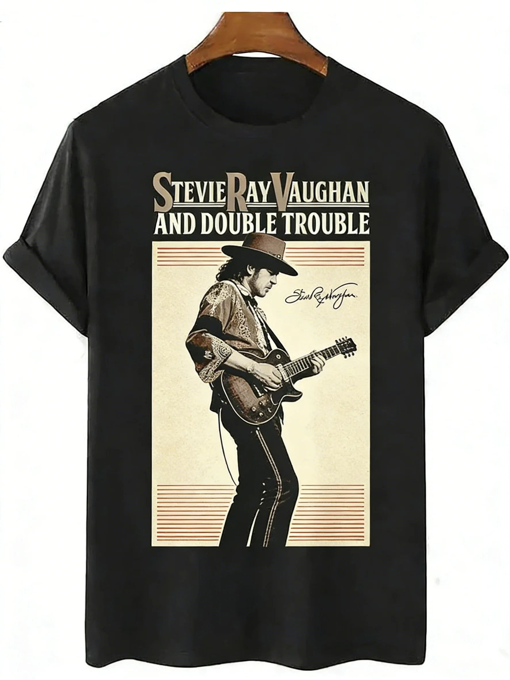 Unique Pattern Black T-Shirt | Rolled Sleeve Design, Metallic Font and Monochrome Guitar Illustration - Fashionable Casual T-Shirt for Music Lovers, Suitable for Daily Wear or Concerts - Comfortable Fabric, Easy To Wear All Day