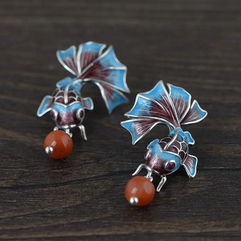 Natural Khotan jadesilver cloisonne enamel inlaid  earrings Chinese classical palace style koi charm fresh women's brand jewelry