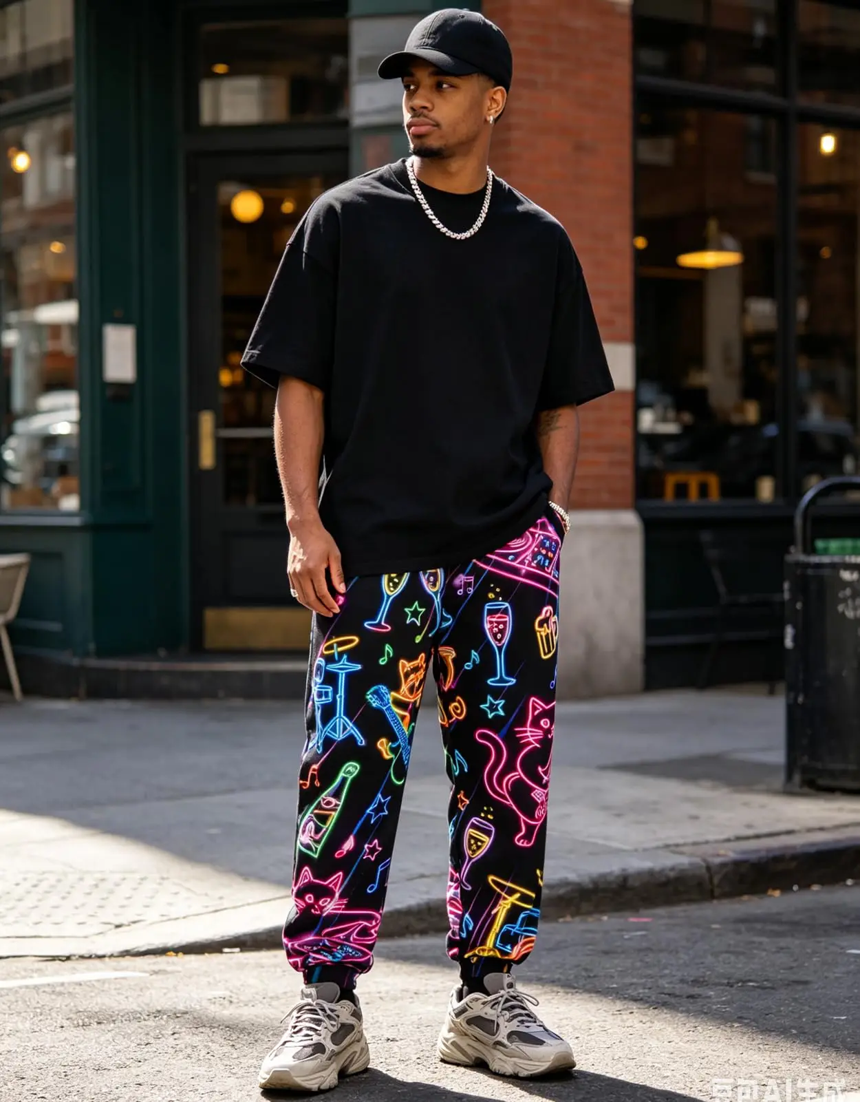 Neon Cat Musical Instrument Sweatpants for Men and Women, 3D Wine Glass Musical Note Sweatpants, Holiday Streetwear Pants