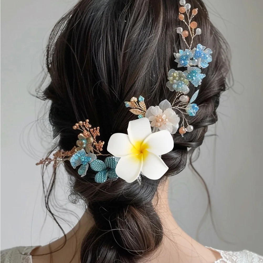 

10Pcs Hawaii Flower Hair Clips 7cm Durable Simulation Egg Flower Headpiece Summer Beach Luau Party Hairpin White Yellow