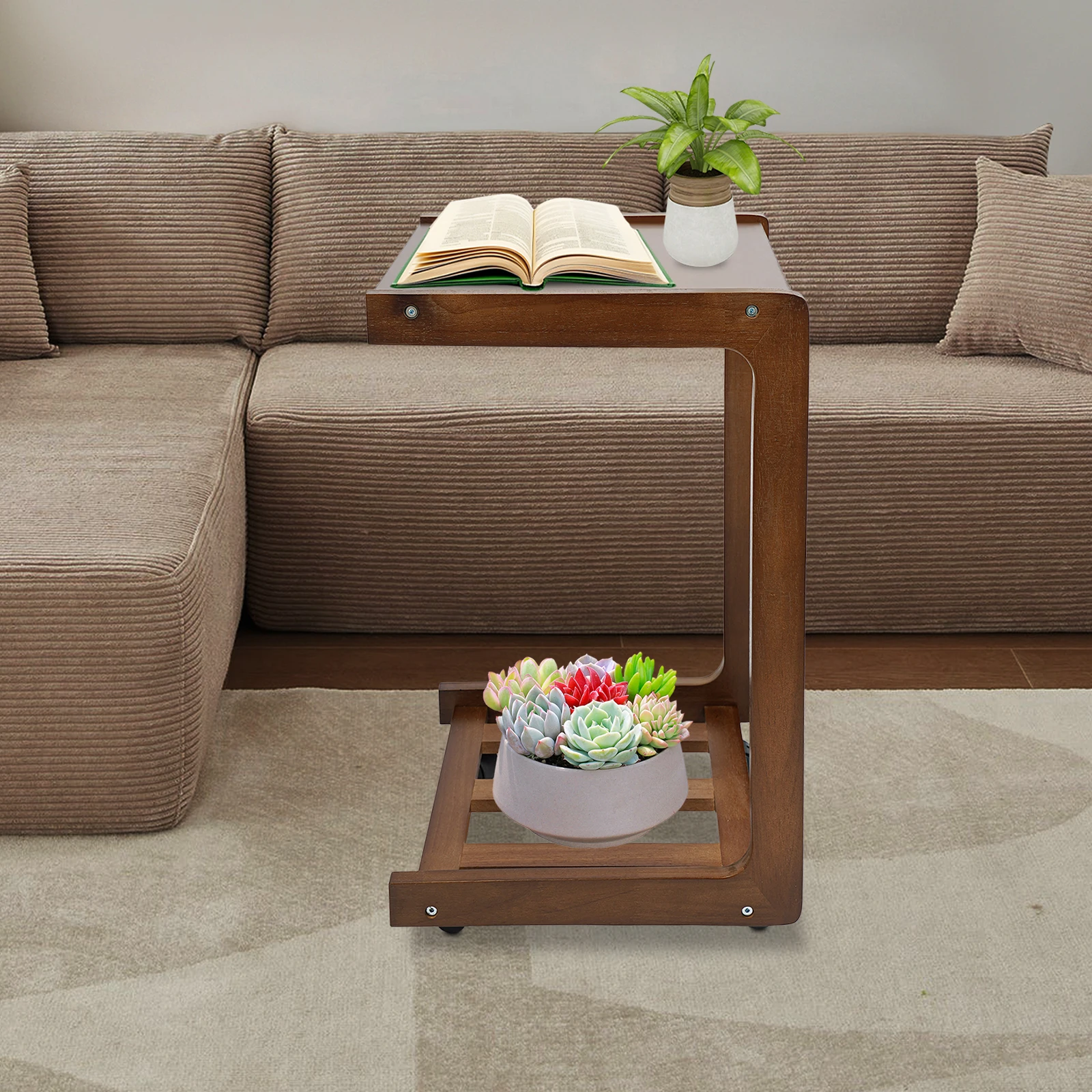40cm Wood Mobile Side Table with Brake Wheels - Walnut Color,Removable C-shaped End Table for Living Room and Bedroom