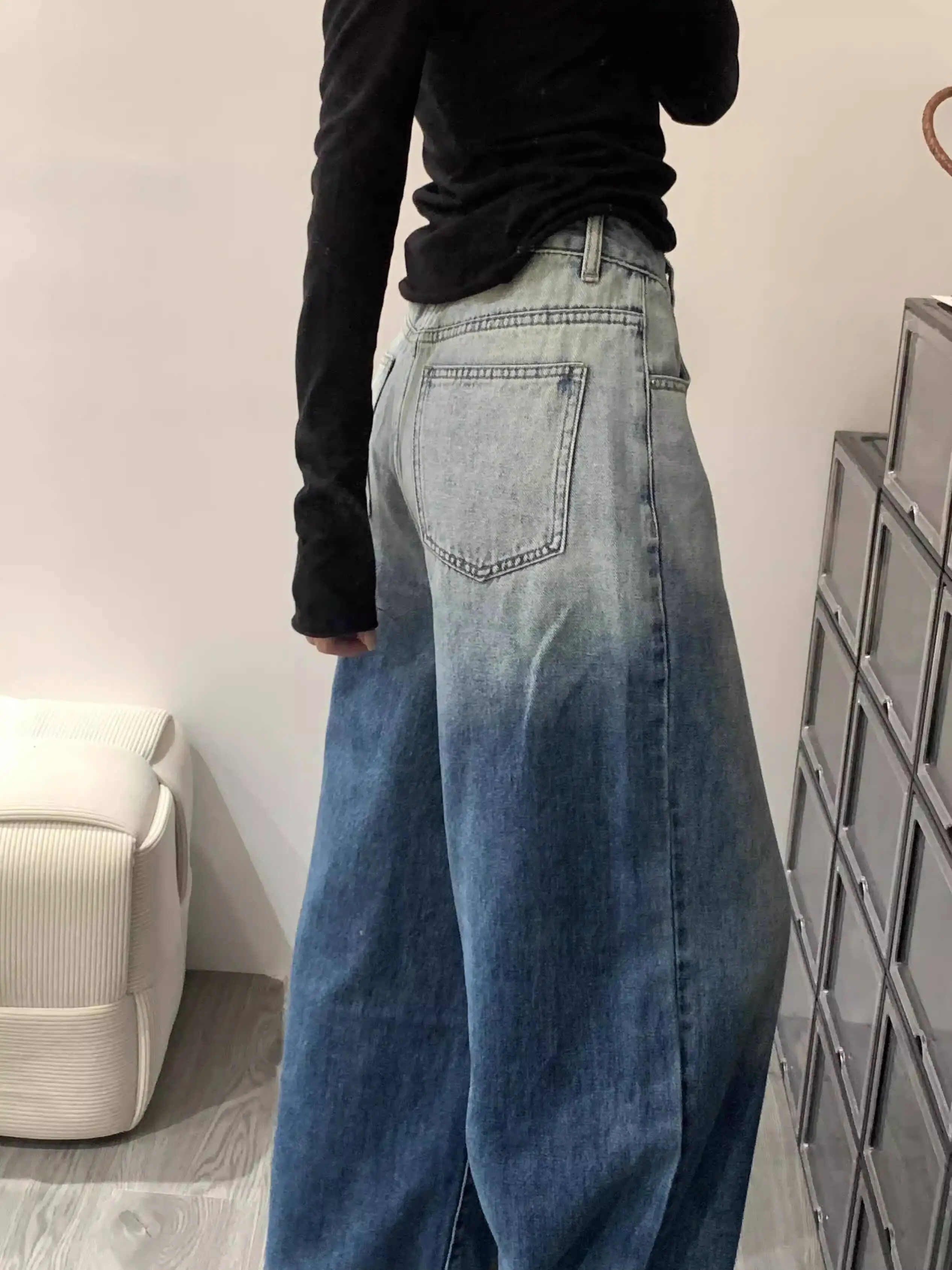 

2026 New Spring Blue Gradient Wide Leg Jeans Women American Washed High Waist Slimming Floor Length Denim Pants Stylish Trousers
