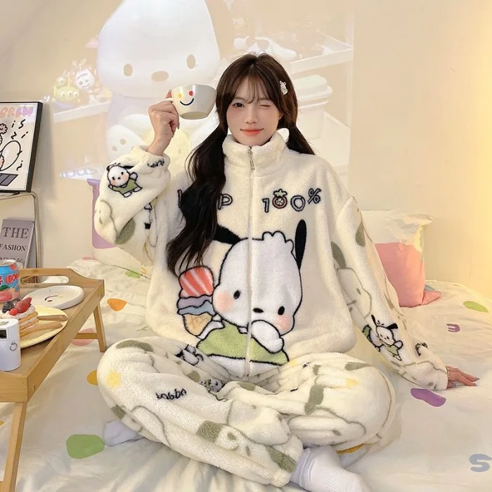 سانريو كورومي مرحبا كيتي منامة الفانيلا امرأة الشتاء الكرتون رشاقته 2 قطعة مجموعة Y2K Kawaldi الملابس المنزلية طويلة الأكمام