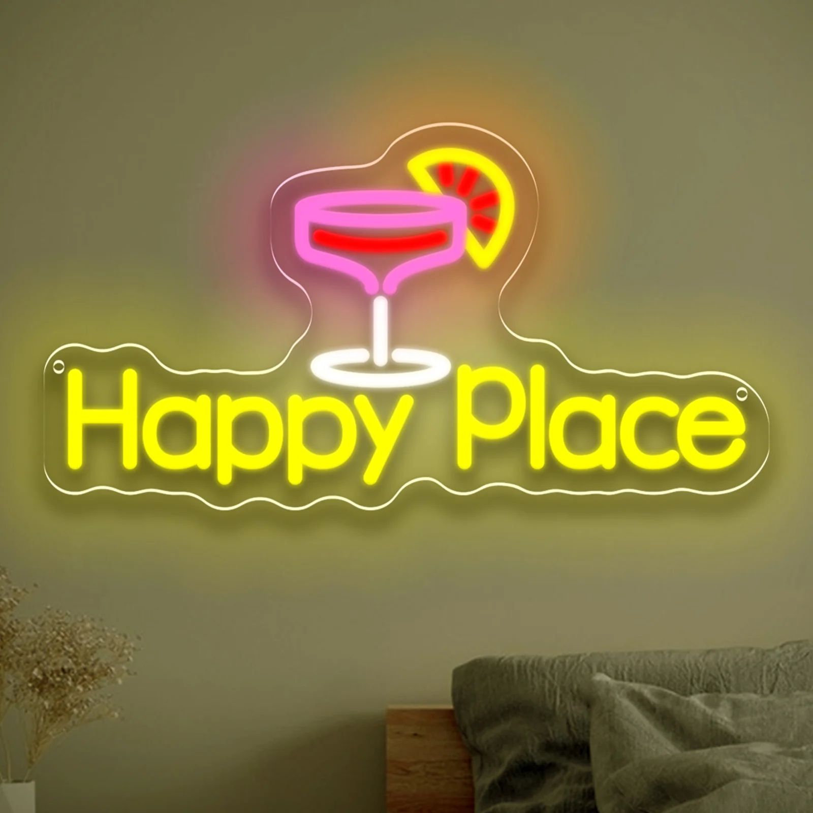 

Неоновая вывеска HAPPY PLACE, светодиодная неоновая вывеска с регулируемой яркостью через USB, настенное украшение для игровой комнаты, спальни, гостиной, бара, подарки для вечеринок