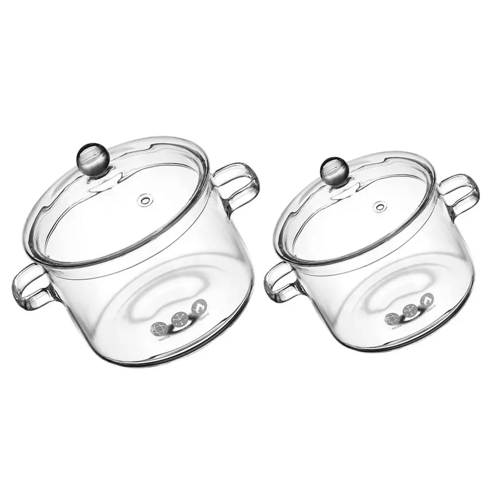 

Набор из 2 стеклянных кастрюль с двойными ручками, прозрачные, термостойкие, для приготовления супов на плите, из прозрачного стекла