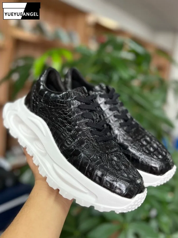 Concise Style Solid Color Round Toe Crocodile Skin Casual Shoes Genuine Leather Platform Lace-Up Male Hard Wearing Footwear