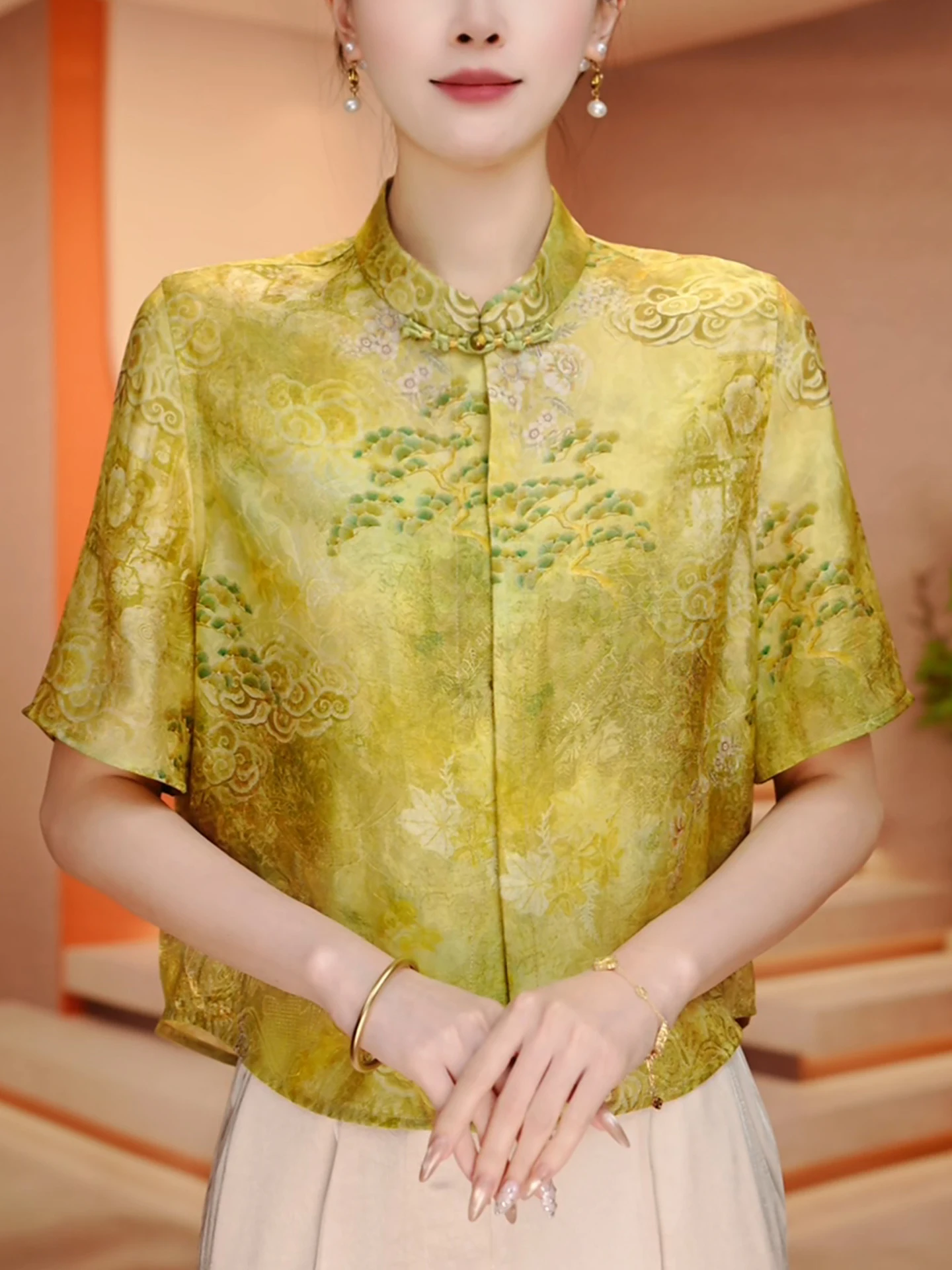 

Женская корейская шелковая блузка с цветочным принтом, прямого кроя, для офиса, модная, в китайском стиле, новинка