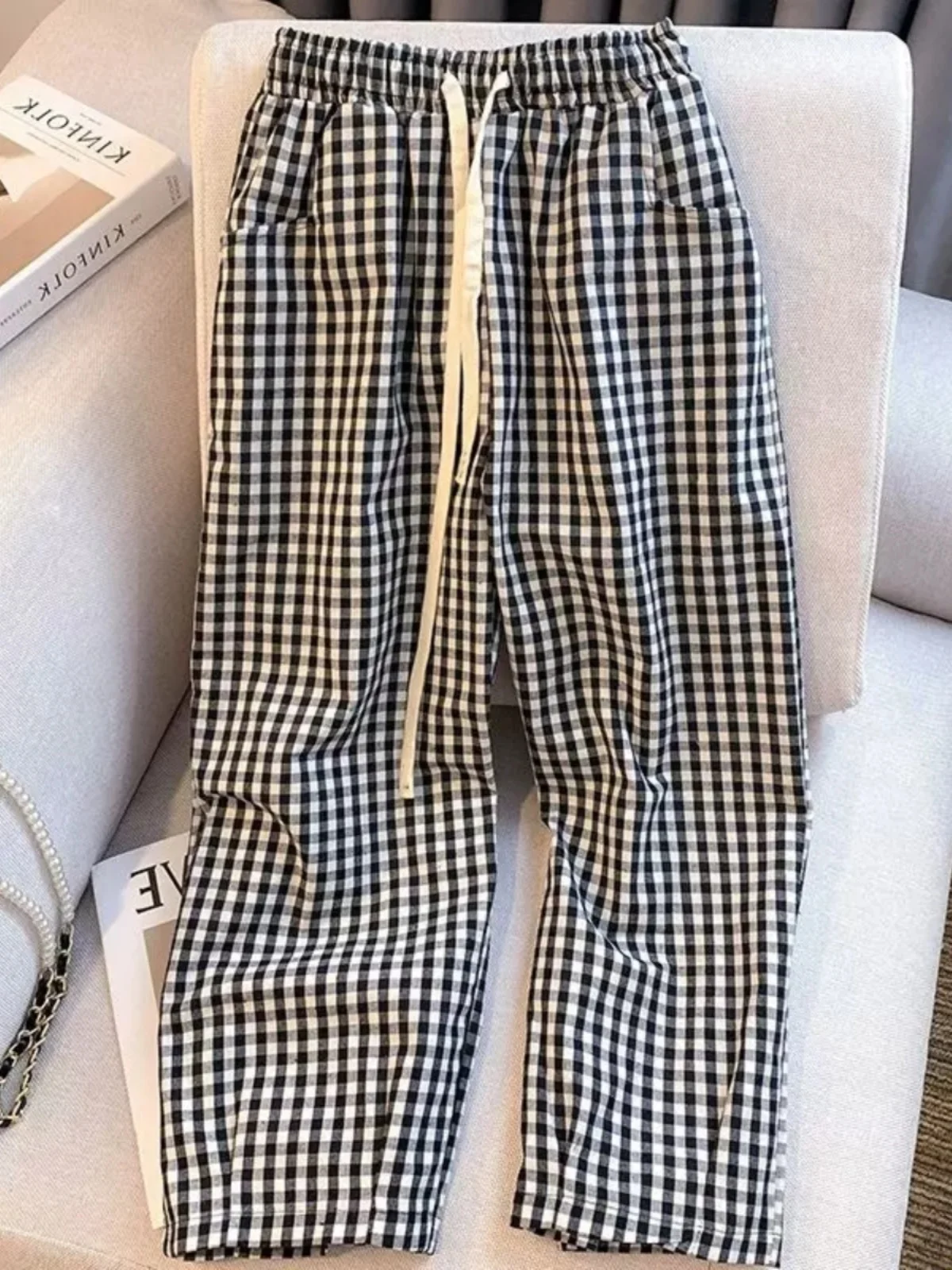 

plus Size Women's High Waist Plaid Wide Leg Pants Casual Loose Meat Concealing Autumn Long Pants Korean Style And Pear ...