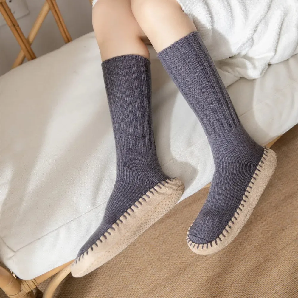 Nieuwe antislip warme kuitsokken dikke bodem effen kleur damesdanssokken warm houden gebreide sokken