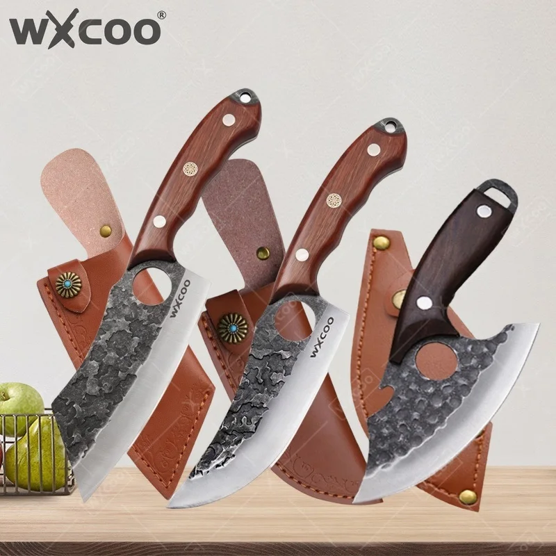 WXCOOMultifunctional Kitchen Knife for Barbucue Household Butcher Carving Knife Hand Forged Bottle Opener with Sheath Chef Knife