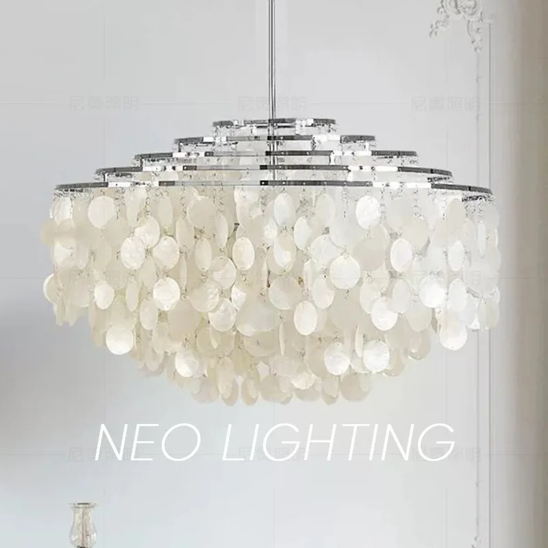 

Luxury Iron Pearl Shell Ceiling Light, Italian Cream Vintage Nordic Chandelier, High-grade Decor Lamp for Home Living Room