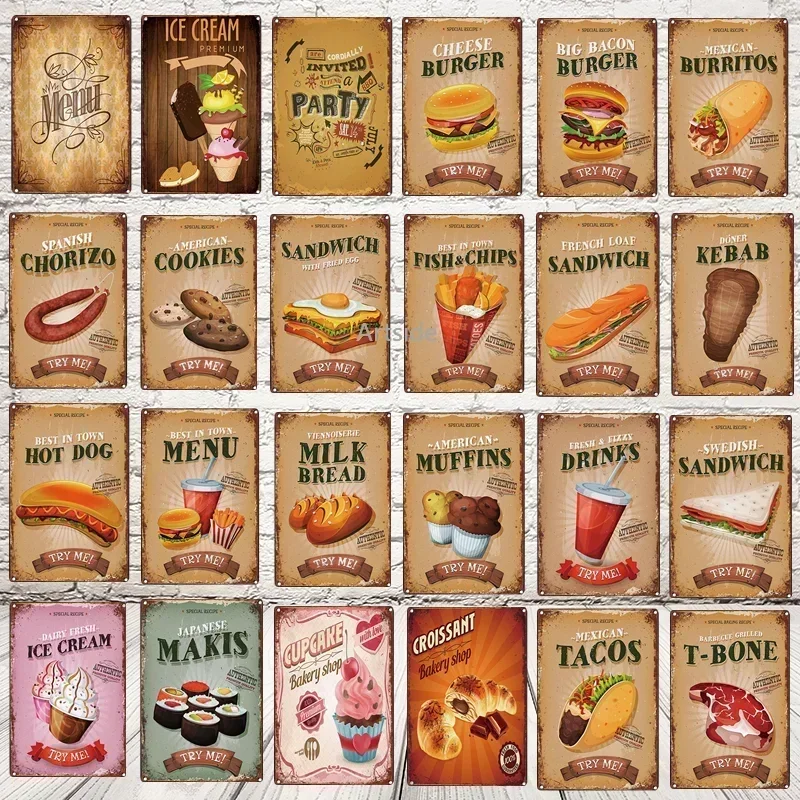 Menu Sandwiches Ice Cream Burger Tin Sign Restaurant Fast Food Store Metal Tinplate  Kitchen Wall Decor Vintage Plaques