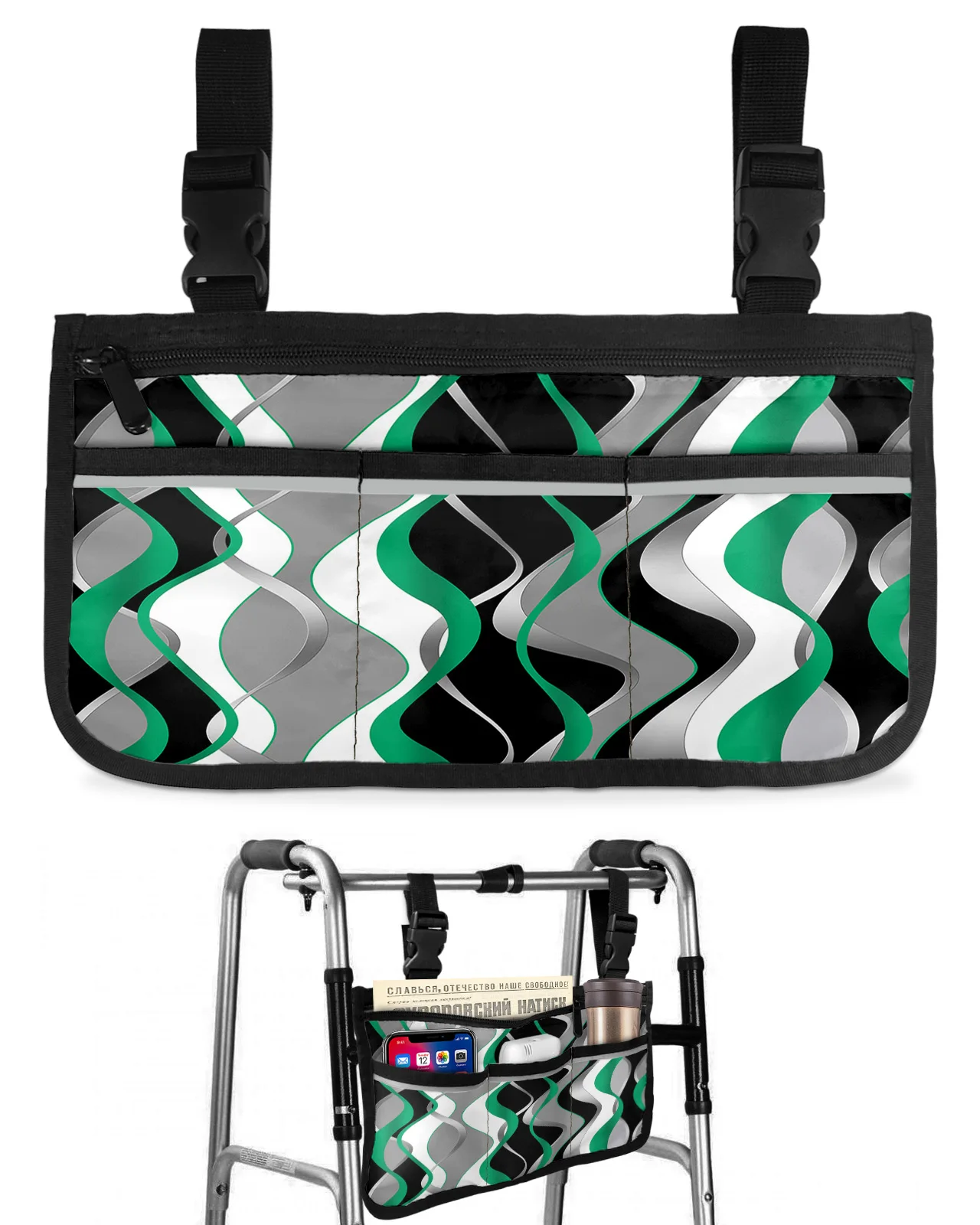 Solid Abstract Line Gradient Emerald Green Wheelchair Bag Armrest  Side Bags Electric Scooter Walking Frame Storage Pouch