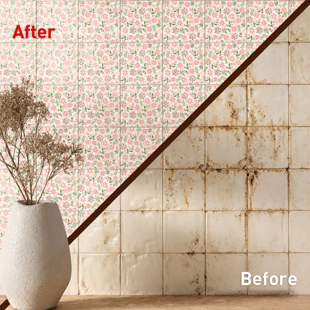 Meadow Floral Tile Stickers Waterproof Peel and Stick Self Adhesive Oil Proof Backsplash Decals Floral Wallpaper for Chic Decor