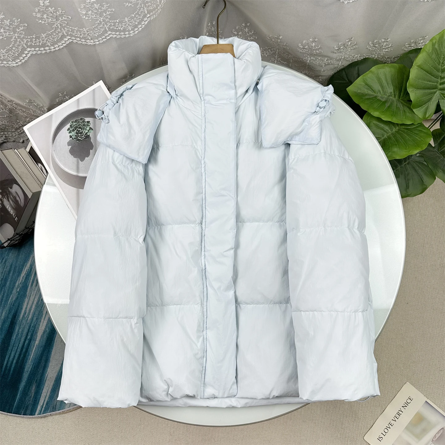 

Warm Detachable White Duck down Puffer Coat Bread Style Jacket with Hood Unisex Thickened Long Sleeve Zipper for Ladies
