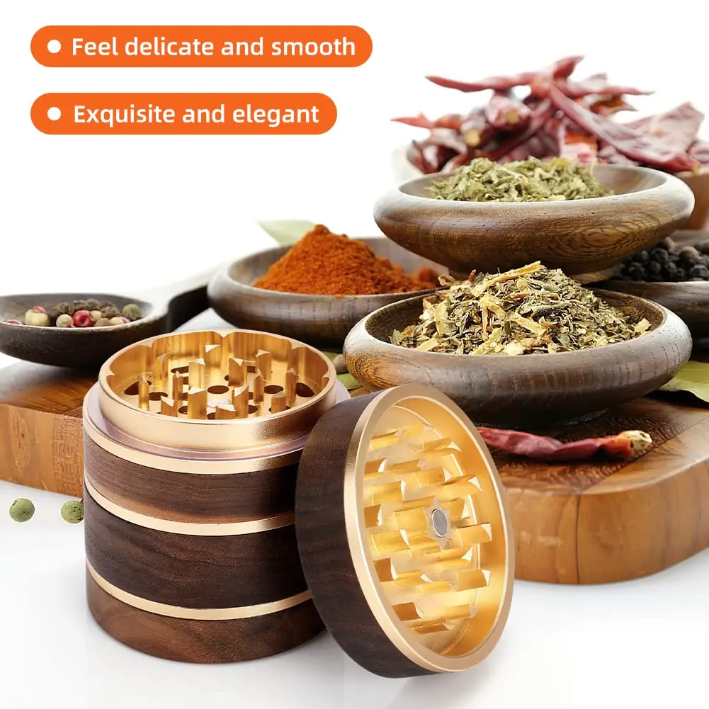 63mm High-grade Natural Wooden Herbal Grinder Tobacco Spice Mill 4 Parts Smoke Crusher Aluminium Alloy Smoking Accessories