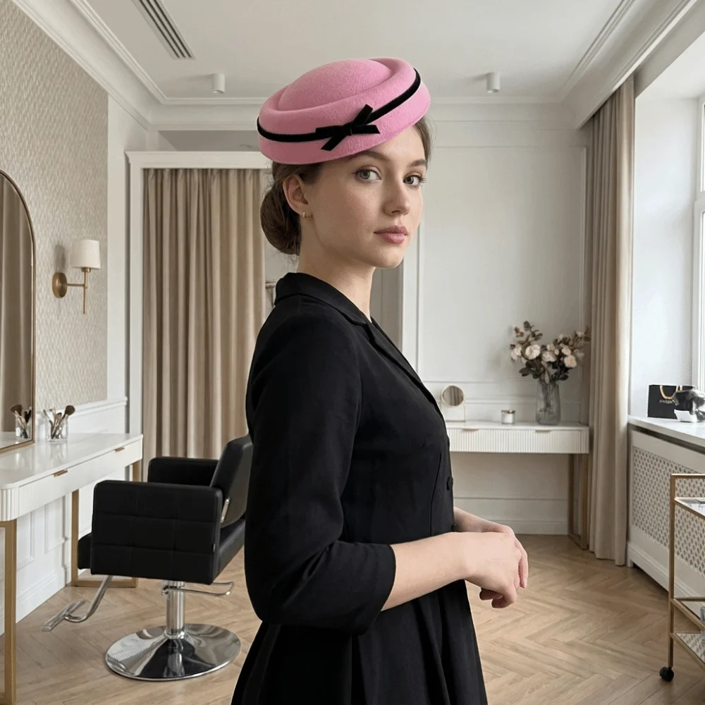 Vintage Hepburn Fedoras Hat Dome Velvet Bow Beret Hat Decoration Hairband Lolita Hairclip Beret Party Headwear