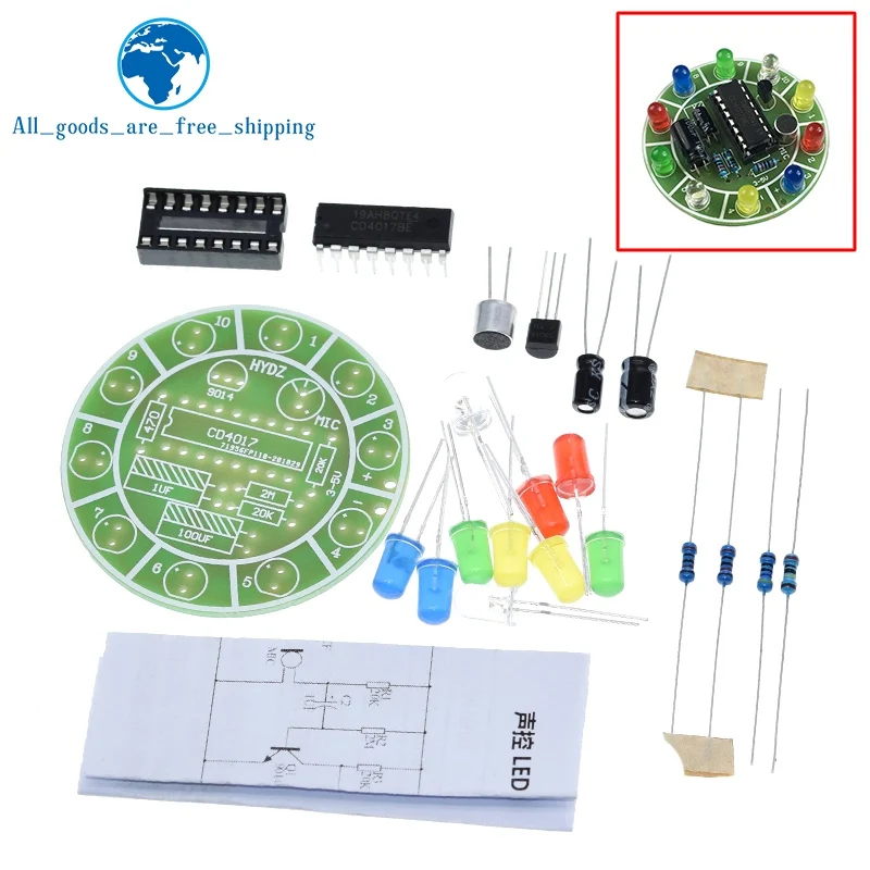 TZT CD4017 colorful voice control rotating LED light kit electronic manufacturing diy kit spare parts student Laboratory