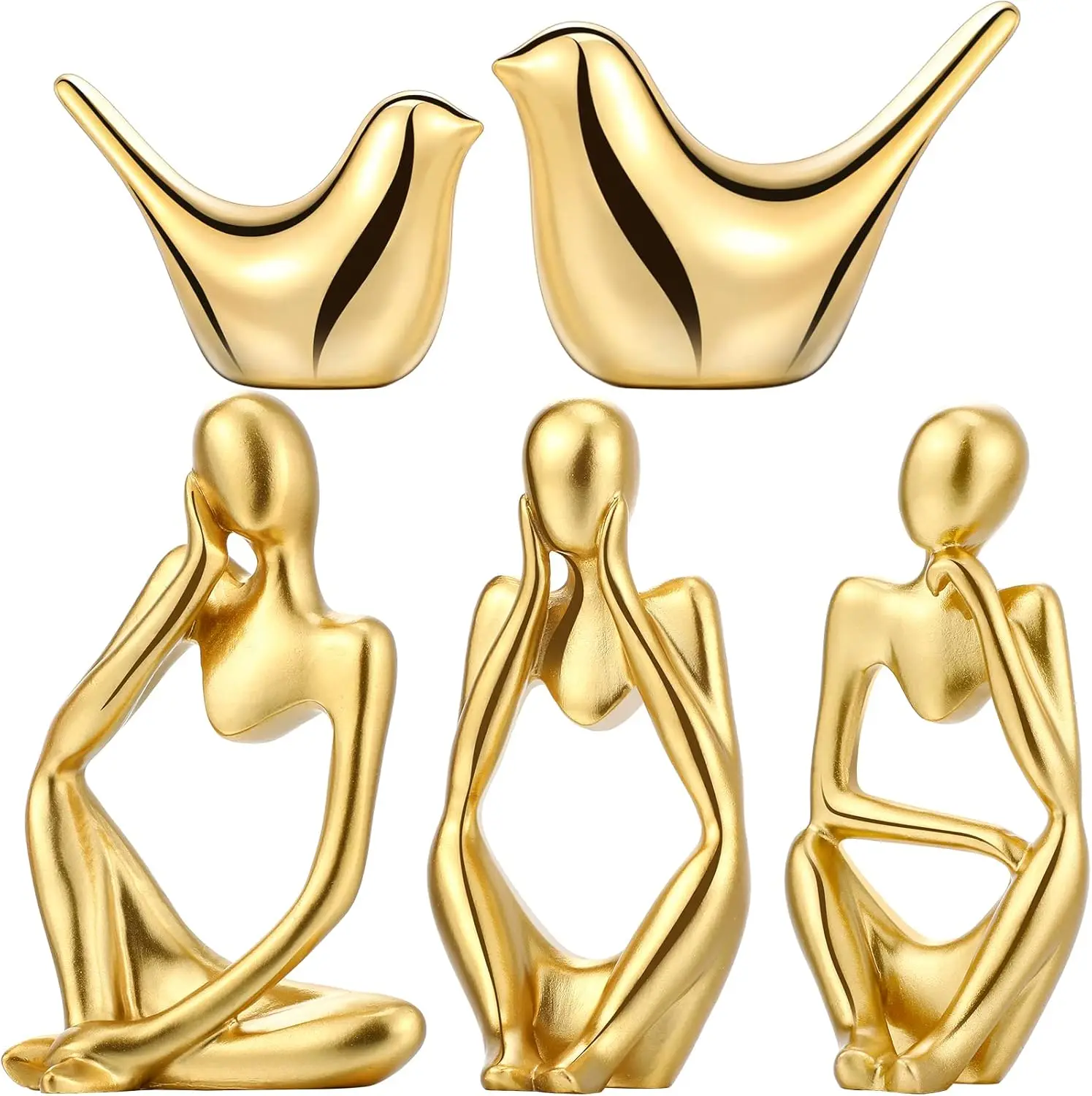 5 Pcs Gold Decor Accents Set Resin Thinker Statue Small Bird Figurines Abstract Decorative Modern Collectible Sculpture for Home