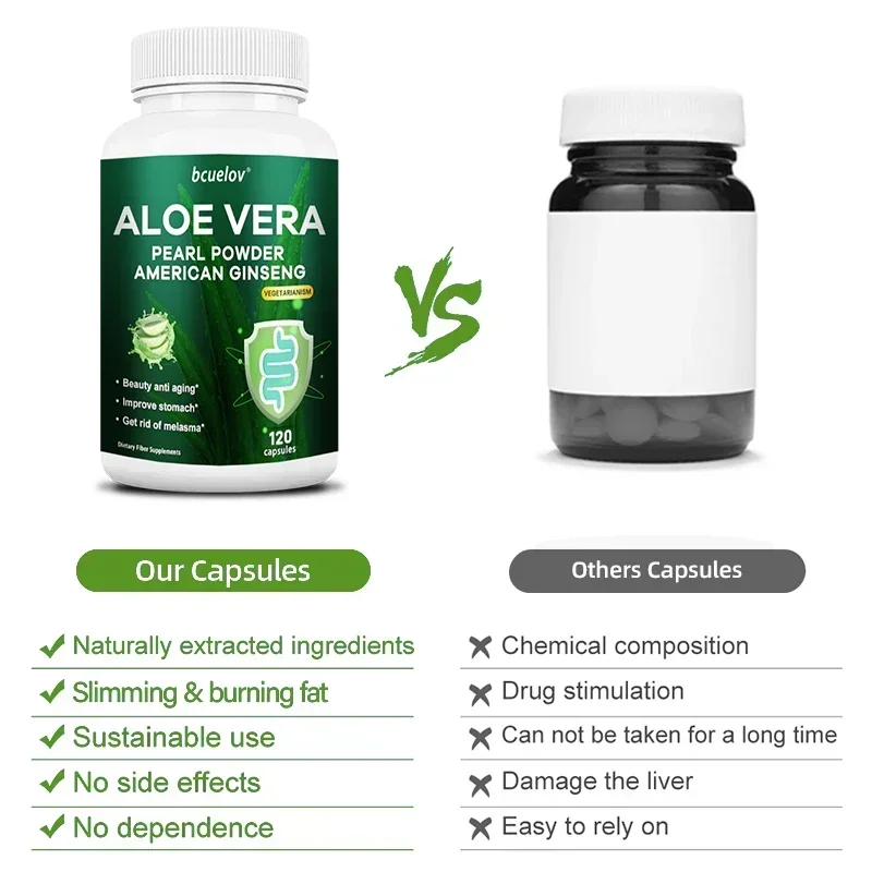 Aloe Vera Capsules - Contains Pearl Powder and American Ginseng, Powerful Fat Burning Cellulite Detoxification Digestion, Immune