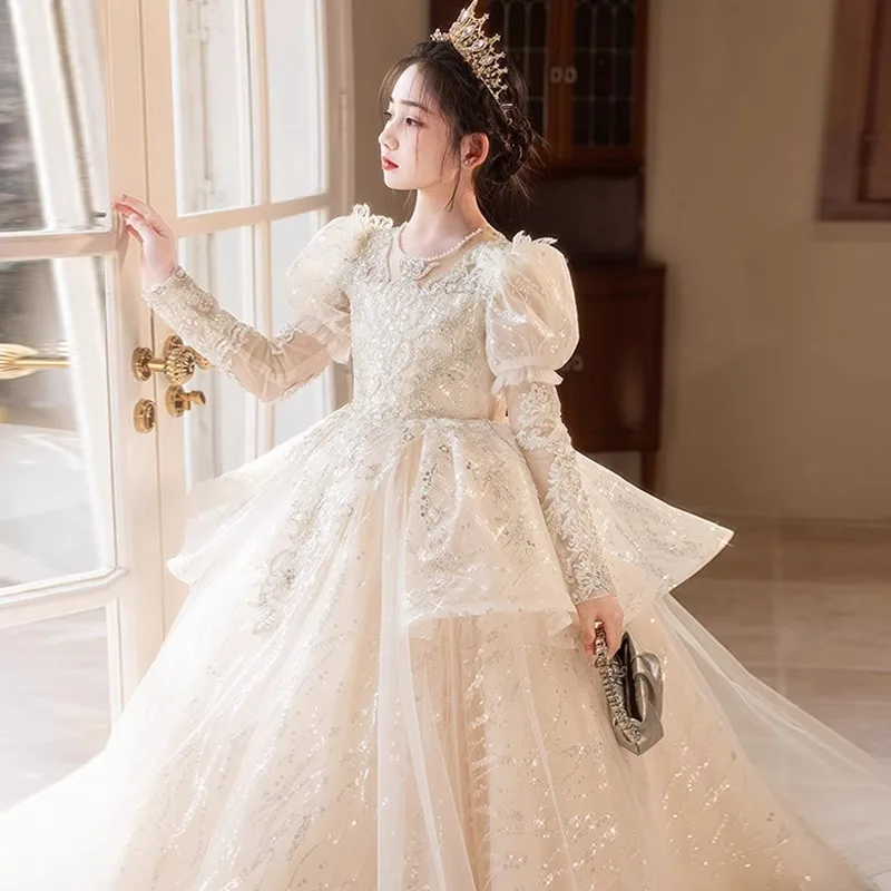 Summer New French Champagne Princess Dress Light Luxury Niche Girls' Dress Piano Competition Elegant Dress High-end