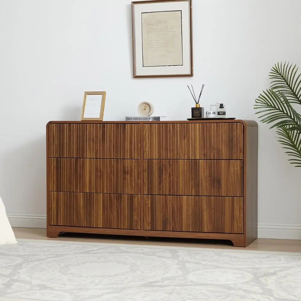 

6 Drawers Modern Bedroom Chest with Curved Profile Design, 53 Wide Classic Living Room Double Drawer Cabinet (Walnut)
