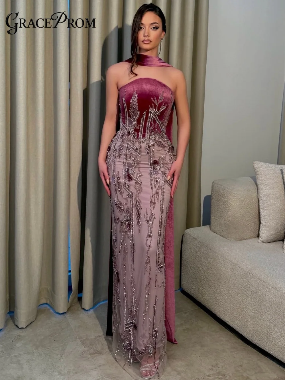 

Elegant Magenta Velvet Strapless Evening Gown Dramatic Beaded Sheer Mermaid Skirt Party Dress For Wedding Guests فساتين سهرة