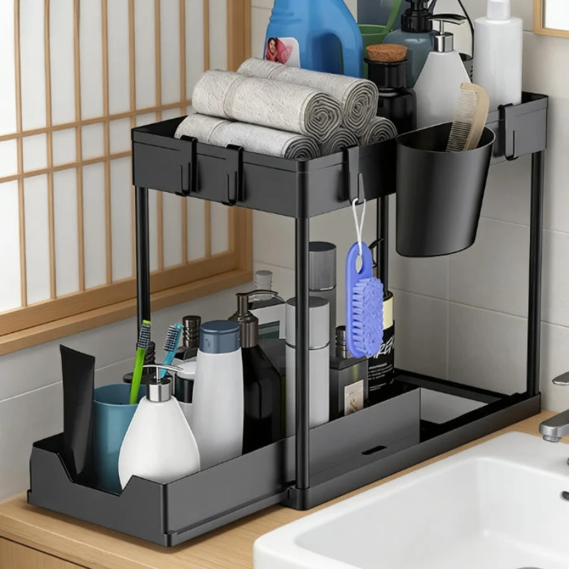 

Двухуровневый органайзер под раковину с выдвижной корзиной, подвесными крючками и держателем для чашек для ванной и кухни