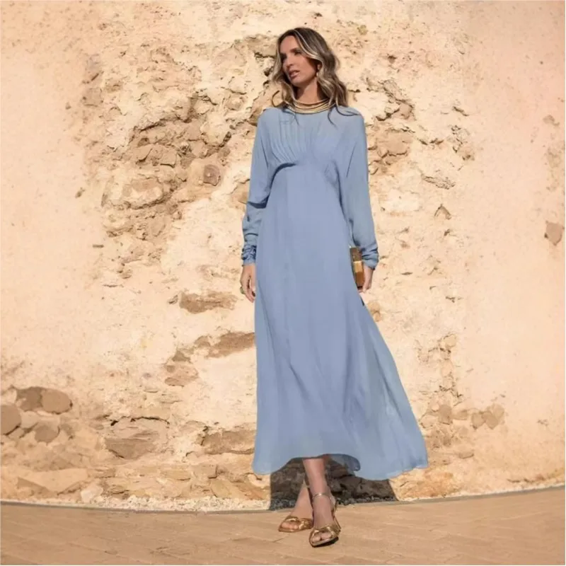 

Elegant Holiday Women's Dresses High Waist O-neck Long Sleeved Party Dress 2026 Spring Lady Simple Beach Vacation Long Dresses