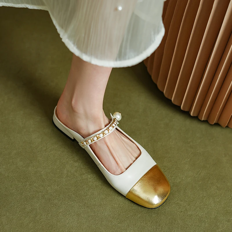 2024 Summer Women Mules Genuine Leather Shoes for Women Cover Toe Low Heel Slippers Square Toe Sandals Internal Elevation Shoes